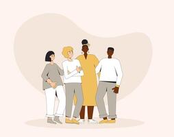 Group of diverse teenagers standing together. Young female and male friends wearing in casual clothes. Boys and girls hugging each other. Vector line illustration.