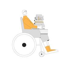 Inclusion education and learning. Knowledge. Scientific research.  Disabled wheelchair student with books. Exam preparation. Vector illustration.