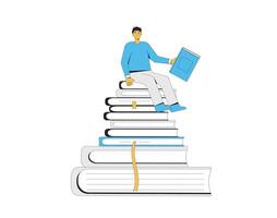 Knowledge symbol. Learning and education. Young man sitting on huge stack of books isolated on white background. Vector line art illustration.