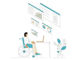 Data scientist. Business analyst concept. Woman in wheelchair working with schemes and diagrams. Female financial researchers. Vector line art illustration.