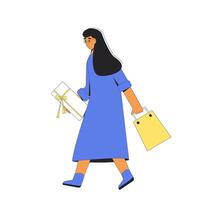 Young woman with shopping bags. Female person walking with her purchases. vector