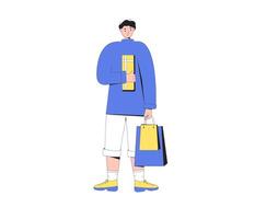 Young man with shopping bags. Boy standing and holding his purchases. vector
