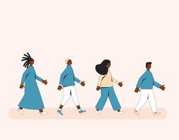 Group of african american people walking one after another. Young women and men wearing in trendy casual clothes marching in step together vector