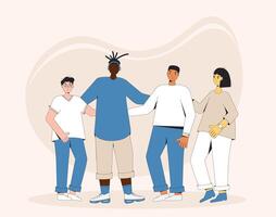 Group of diverse teenagers standing together. Young female and male friends wearing in casual clothes. Boys and girls hugging each other. Vector line illustration.