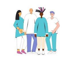 Group of diverse teenagers standing together. Young female and male friends wearing in casual clothes. Boys and girls hugging each other. Vector line illustration.