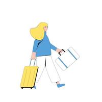 Tourist character with bags. Female person isolated with luggage. vector