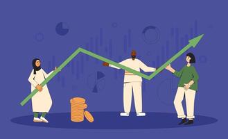 Investment arrow. Retail traders with stock market growing graph. Business analysis. Managers with schemes and diagrams. Financial researchers. Vector line art illustration.