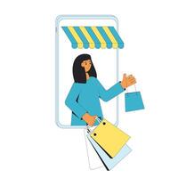 en línea compras. mujer con compras bolsas. vector