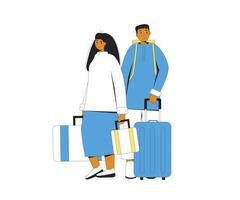 Tourists characters with bags. People isolated with luggage. Young couple standing together. vector