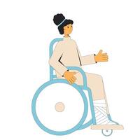 Young woman with feet toe trauma isolated on white background. Female person with broken leg sitting in wheelchair. Vector illustration.