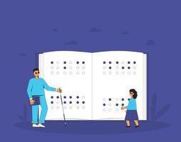 braille literatura. ciego joven hombre y niña con enorme libro. vector ilustración.