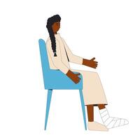 Young woman with feet toe trauma isolated on white background. Female person with broken leg sitting on a chair. Vector illustration.