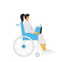 silla de ruedas mujer leyendo un libro. vector ilustración.