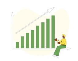 Investment concept. Young woman with stock market growing graph. Vector  line art illustration.