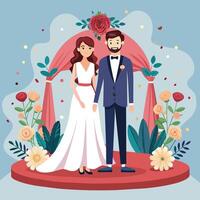 a bride and groom pose for a photo in front of a wedding arch. vector