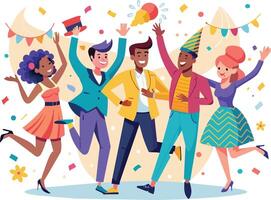 Happy young people celebrating birthday party flat vector illustration. Cheerful young men and women dancing together.