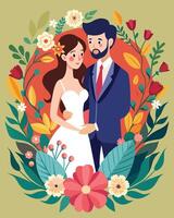 Wedding couple in floral wreath. Vector illustration in flat style