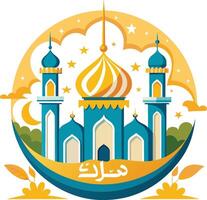 Ramadan Kareem greeting card with mosque in flat style. Vector illustration.