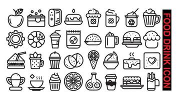 Food and Drinks Icons Set Vector Thin Line. Coffee, Soda, Macaroon, Pizza, Ice Cream, Burger, Hamburger