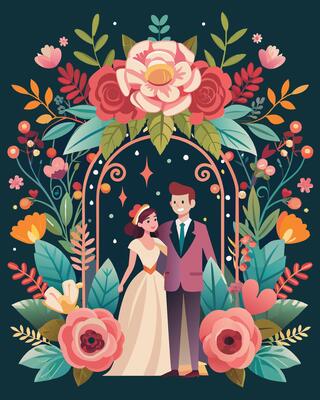 Wedding invitation card with bride and groom.