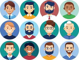 un grupo de personas con diferente facial expresiones y un azul circulo vector