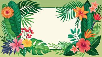 Frame with tropical flowers and leaves. Vector  in flat style.