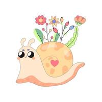 Cute snail, concept , cartoon, for t-shirt printing, with flowers. for postcard design, t-shirt isolated on white background vector