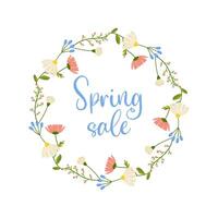 Spring sale, frame with floral border with lettering and different flowers for poster, banner, advertisement vector