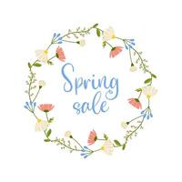 Spring sale, frame with floral border with lettering and different flowers for poster, banner, advertisement vector