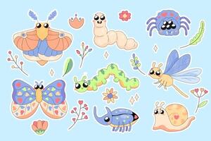 A set of cute insects, bugs, moth, spider, worm, butterfly, for stickers, prints, children's characters. vector