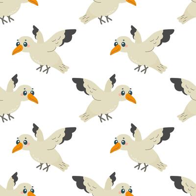 Seamless pattern with seagull bird, on white background, children's pattern, for fabric, wrapping paper, wallpaper