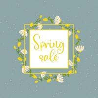 Spring sale, frame with floral border with lettering and different flowers for poster, banner, advertisement vector