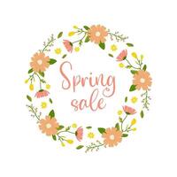 Spring sale, frame with floral border with lettering and different flowers for poster, banner, advertisement vector