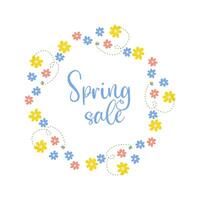 Spring sale, frame with floral border with lettering and different flowers for poster, banner, advertisement vector