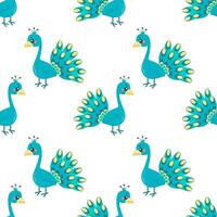Seamless pattern with turquoise peacock bird, on white background, a childish pattern vector