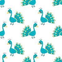 Seamless pattern with turquoise peacock bird, on white background, a childish pattern vector