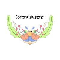Congratulations frame, with flowers, plants and maple moth, butterfly insects. on white background vector