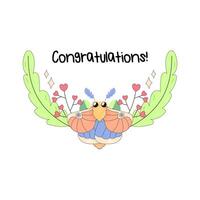 Congratulations frame, with flowers, plants and maple moth, butterfly insects. on white background vector