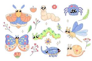 A set of cute insects, bugs, moth, spider, worm, butterfly, for stickers, prints, children's characters. vector