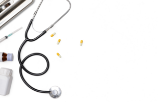 Creative flatlay of doctor medical equipment white table with stethoscope, medical documents, thermometer, syringe and pills, Health care concept, Top view, PNG transparency with shadow