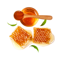 Honeycomb with honey spoon and leaf isolated, Organic product from the nature for healthy with traditional style, PNG transparency