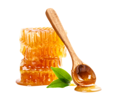 Honeycomb with honey spoon and leaf isolated, Organic product from the nature for healthy with traditional style, PNG transparency