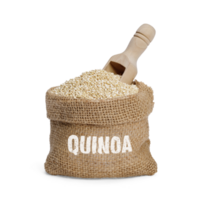 quinoa frön i de trasa säck, friska mat vanor och begrepp av balanserad diet, png genomskinlighet med skugga