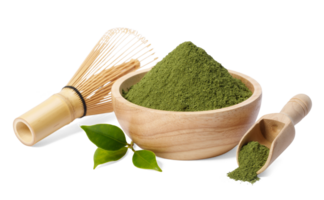 Matcha green tea powder with Japanese wire whisk isolated, Organic product from the nature for healthy with traditional style, PNG transparency with shadow