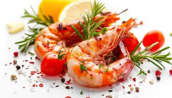 AI generated Shrimp with spices and lemon. Cooking recipe concept isolated on a white background photo