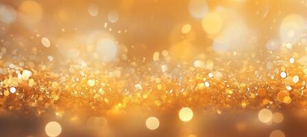 AI generated Luxury festive gold glitter bokeh sparkle background. glamorous shimmering out of focus wallpaper backdrop with copy space photo