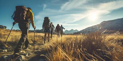 AI generated Group of friends hiking outdoors in wilderness, nature and mountains in the background. Hike trail, adventure, healthy activity concept photo