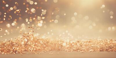 AI generated Luxury festive gold glitter bokeh sparkle background. glamorous shimmering out of focus wallpaper backdrop with copy space photo