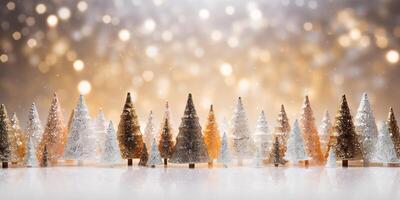 AI generated Tiny cute sparkling Christmas trees with gold hues festive background with copy space. Miniature fun holiday winter props wallpaper backdrop photo