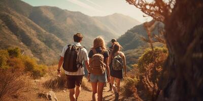 AI generated Group of friends hiking outdoors in wilderness, nature and mountains in the background. Hike trail, adventure, healthy activity concept photo